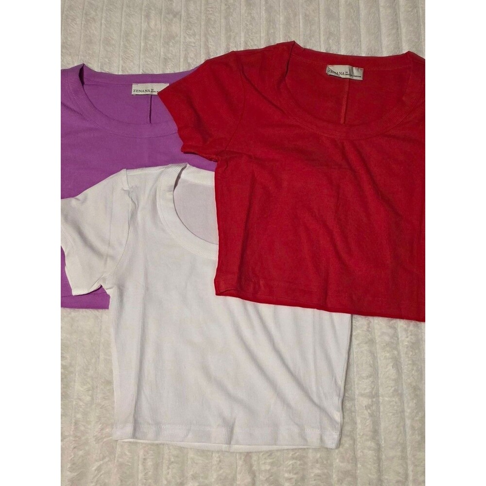 Zenana Red, Purple & White Ribbed Crop Tee Set